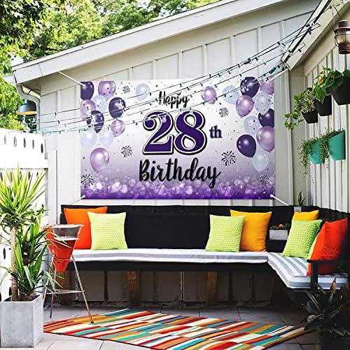 Laskyer Happy 28. rođendan Purple Veliki natpis - Živjeli do 28 godina, pozadina rođendana za rođendan, zid, ukrasi 28. rođendana.