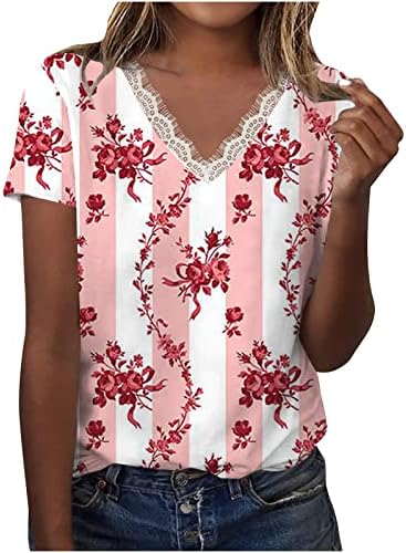 Ženske čipke v vratne odjevene tunike Summer Labave majice s kratkim rukavima Slatke cvjetne grafičke majice casual izlazeći