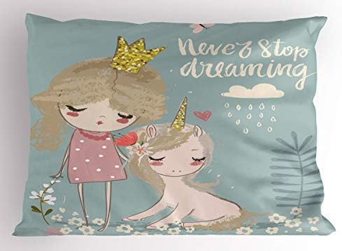 Ambasonne izgovarajući jastuk sham, kompozicija mala crtana djevojka jednorog nikad ne prestaje sanjati riječi, dekorativna
