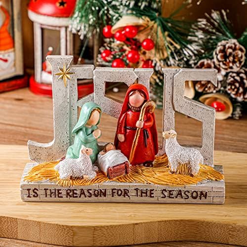 Božićne božićne scene figure, sveta obitelj rođenje creche set s Isusovim porukama smola religiozni tabletop poklon za kršćanski,