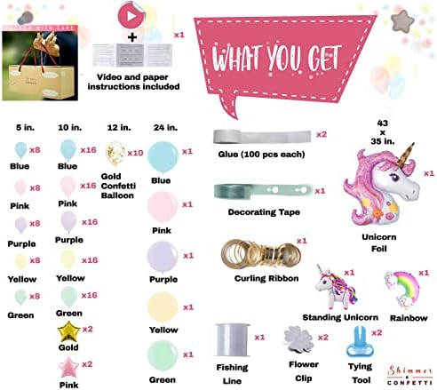 Shimmer & Confetti Premium Rainbow Pastel Unicorn Baloons Arch Kit - Unicorn Balloon Garland Kit - divovski i stojeći jednorog