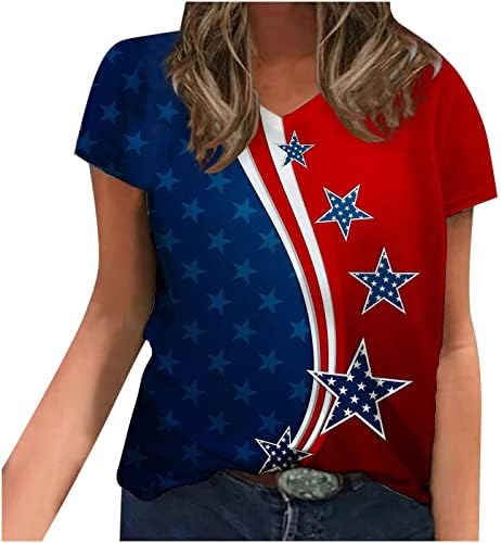 Majica za Dan neovisnosti za žene, majice s printom američke zastave, vrhovi s izrezom u obliku slova u i kratkim rukavima,