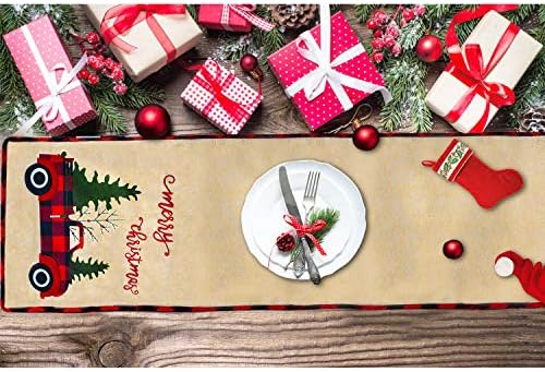 Senneny Burlap božićni stol trkač, izvezeni Sretan Božić, crveni kamion rustikalni božićni stol trkač za božićni blagdanski