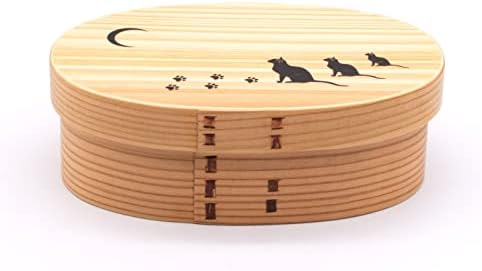 Bentowappa A-96-273691 Drvena kutija Bento, Cedar Wood, 6,7 x 4,3 inča, s pojasom, ovalnim oblikama, srednjim, mačkama i