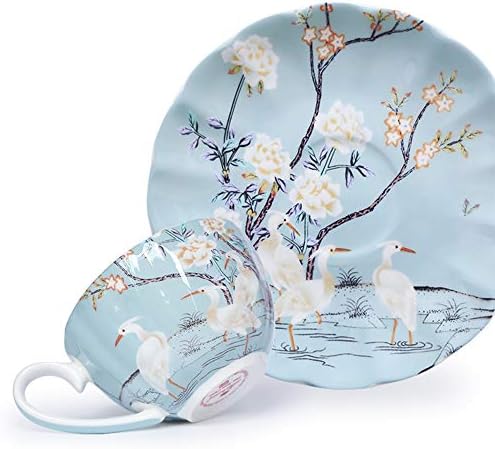 Ufengke 8oz plava sitna kost China kava šalica kave s tanjurom, bijelim cvjetovima, šalica čaja od porculana od bijelog dizalice