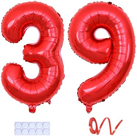 Yijunmca Red 39 Broj baloni Giant Jumbo Broj 39 32 Helij balon Viseći balon Folija Mylar Balloons za žene muškarci 39. rođendana