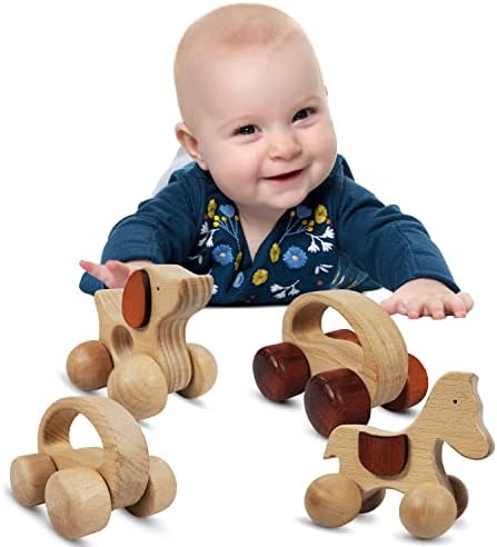 Tekor drvena push igračka s kotačima za bebu, mališana i zuba na drva - Montessori Wood Animal Set. Senzorne vještine motoričkog