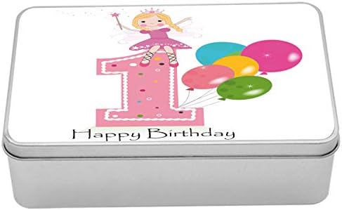 AMBESONNE METALNI BOX 1. rođendan, tema za zabavu s najboljim željama ružičasti štapić i baloni, višenamjenski pravokutni