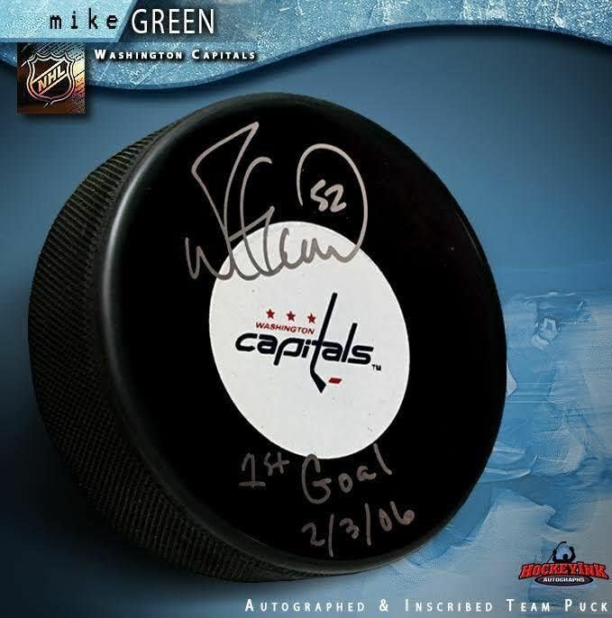 Mike Greene potpisao je Paka Vašington Capitals s natpisom 1. gol 2-3-06-NHL Paka s autogramom