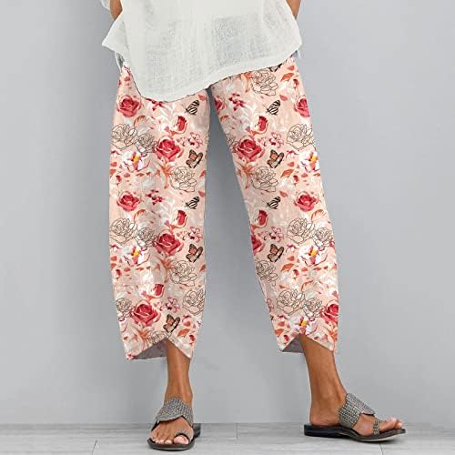 2023. pamučne lanene hlače, ležerna labava cvjetna tiskana joga kapris udobna modna obrezana hlača s džepovima