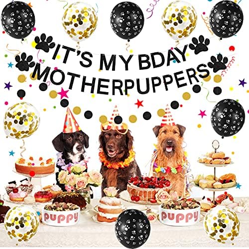 Oprema za ukrase za rođendanske zabave, crni sjaj To je My bday majka lutkama, smiješni pseći rođendan zlato crno blistavi