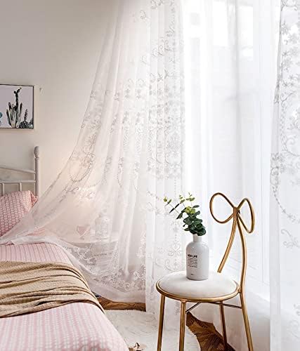 Daesar Voile zavjesa 2 set ploče, zavjese za spavaće sobe, latna zatamnjene zavjese bijele europske vintage cvjetne dnevne
